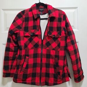 Forever 21 Black Red Buffalo Plaid Fleece Zipper Jacket Coat Shirt Women's‎ M